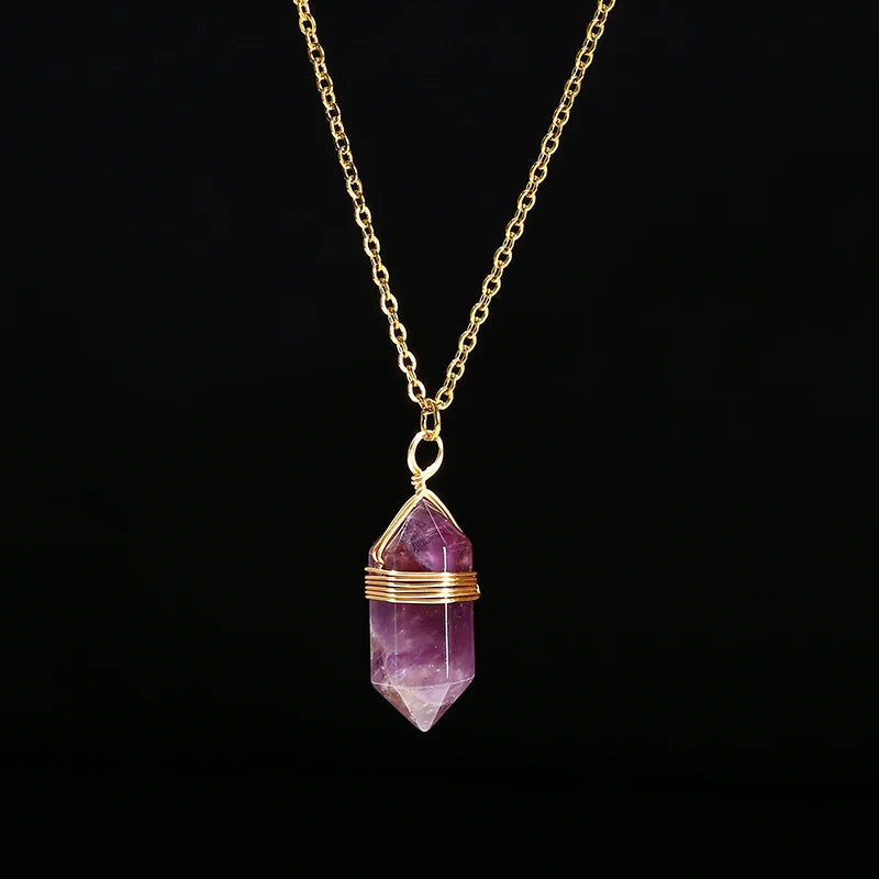 Natural Pink Hexagonal Quartz Crystal Pendant Necklace – Vintage Bullet Stone Jewelry for Women
