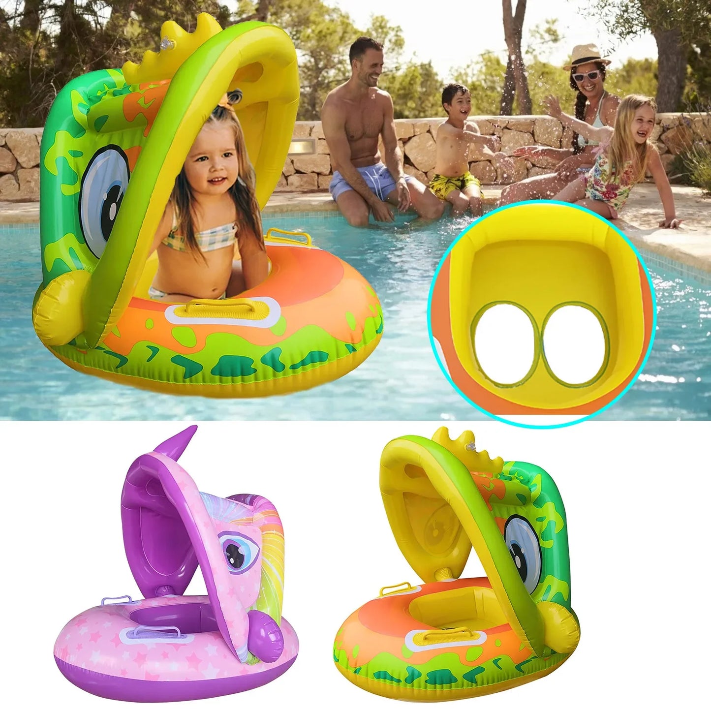 Baby Inflatable Unicorn Swim Ring – Sunshade Seat Float with Handrails & Removable Canopy for Pool Fun