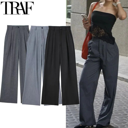 High-Waist Striped Wide-Leg Trousers – Women's Formal Office Wear, Casual Suit Pants in Grey & Black