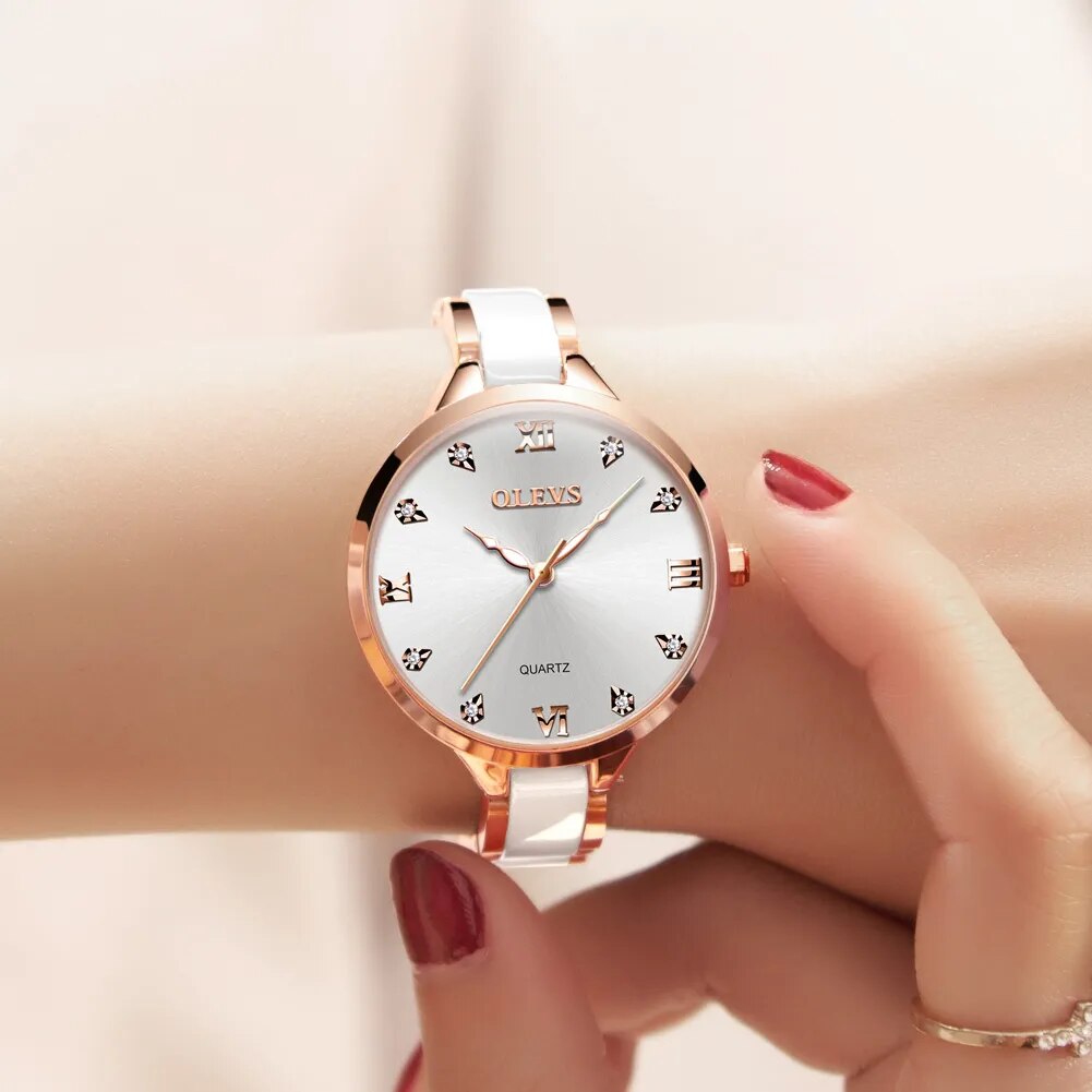 OLEVS Quartz Women's Watch: Elegant Ceramic Strap, Japan Movement, 30M Waterproof - The Perfect Valentine's Day Gift for Her