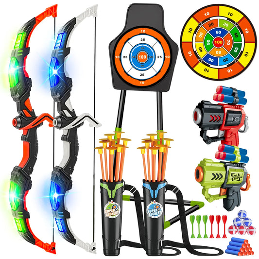 2-in-1 Bow & Arrow + Toy Gun Set for Kids – LED Light-Up Archery with Suction Arrows, Target Stand & Dart Board Game