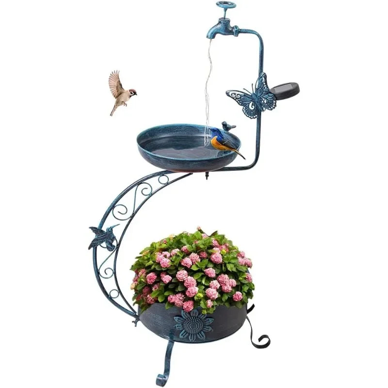 Garden Charm: Metal Blue Bird Bath with Solar Light & Integrated Flower Planter