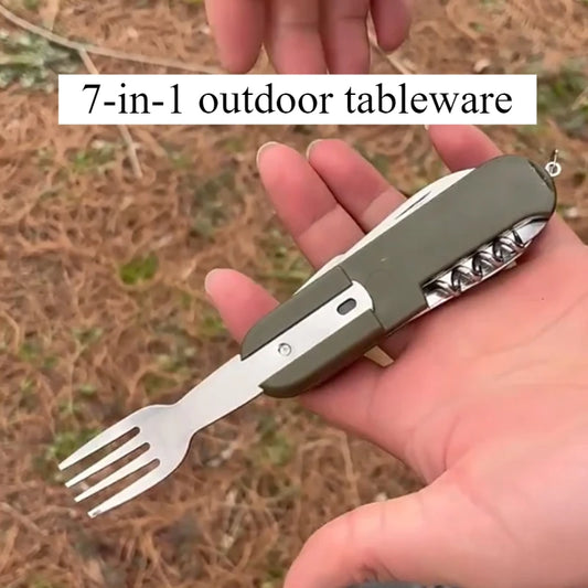 1pc 7-in-1 Multifunctional Outdoor Utensils Stainless Steel Portable Utensils Picnic Camping Hiking Outdoor Gadgets