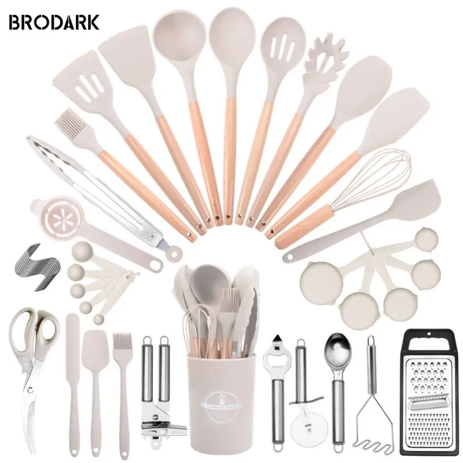 44-Piece Premium Silicone Kitchen Utensil Set – Heat-Resistant Cooking Tools with Wooden Handles & Knife