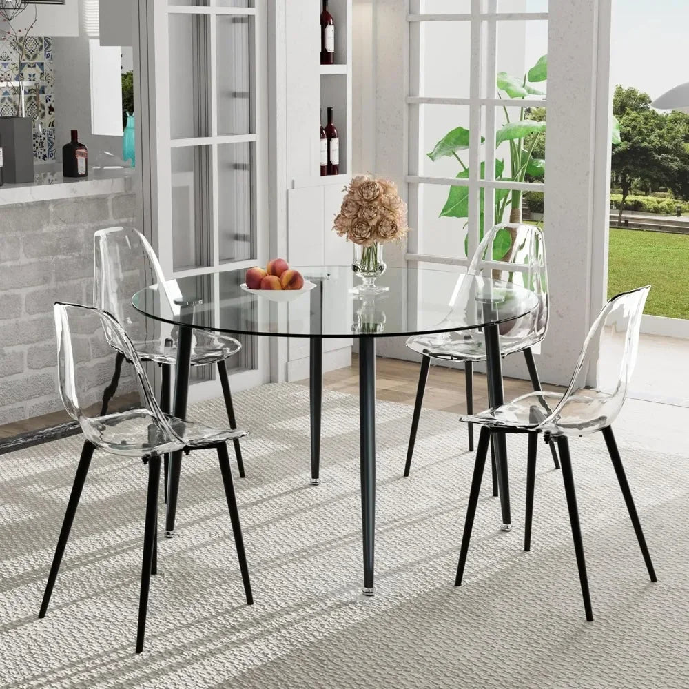 5-Piece Round Glass Dining Table Set for 4 – 47'' Modern Circular Kitchen & Dining Room Table with Clear Glass Top and Chairs