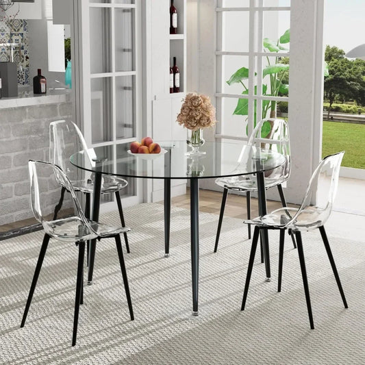 5-Piece Round Glass Dining Table Set for 4 – 47'' Modern Circular Kitchen & Dining Room Table with Clear Glass Top and Chairs