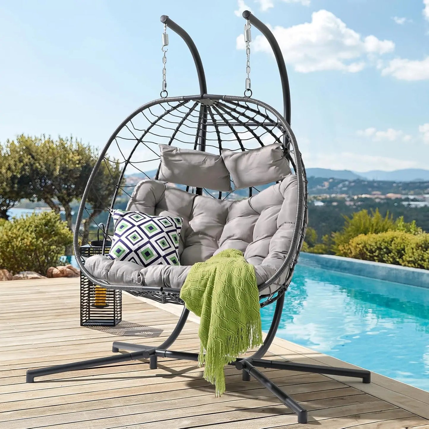 2-Person Double Egg Swing Chair with Stand – Patio Wicker Rattan Hanging Egg Chair with Cushion, Pillow, and Foldable Design, Perfect Hammock Chair for Outdoor Relaxation