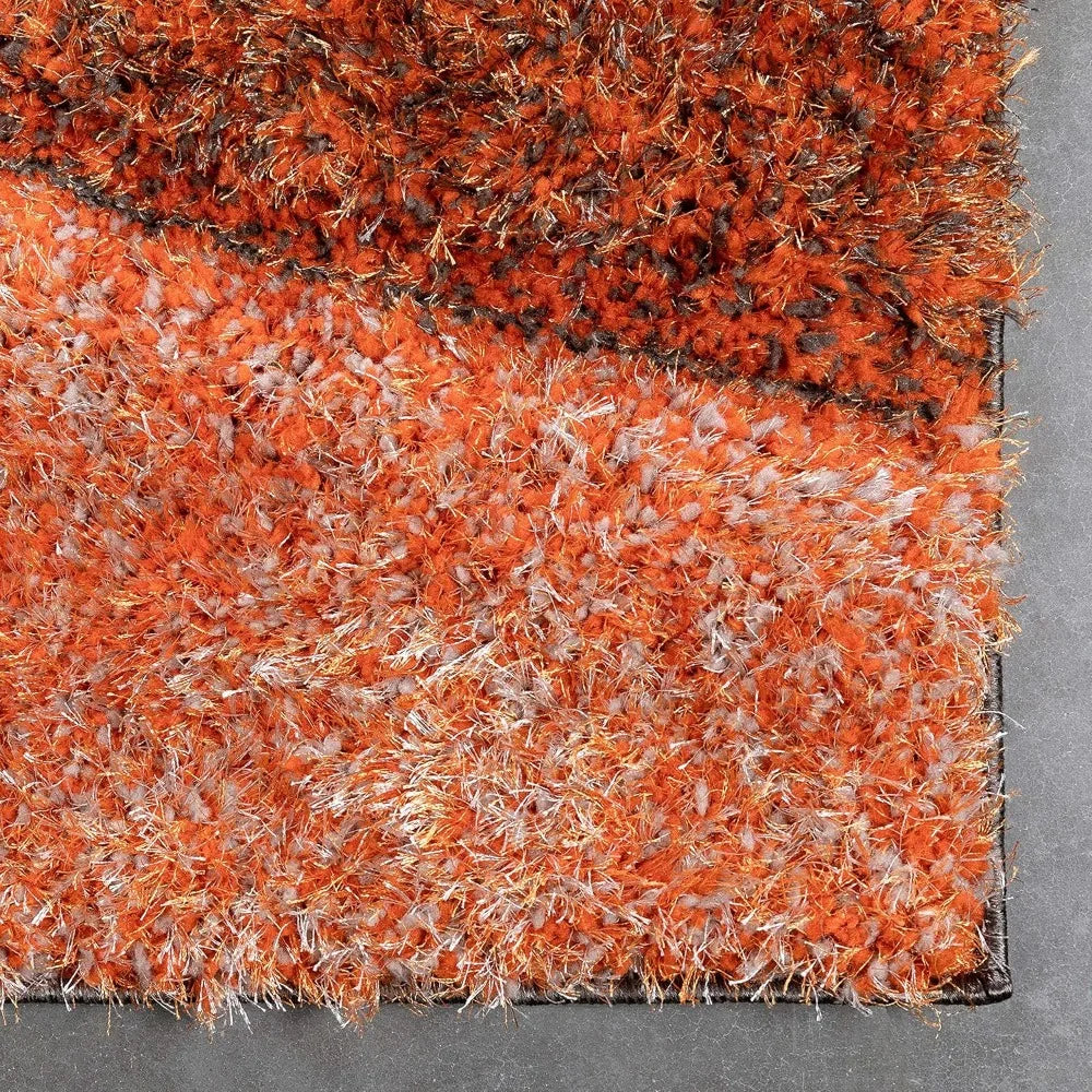 3D Textured Shag Area Rug – Thick Plush Geometric Hourglass Waves in Orange & Grey, Soft Modern Carpet