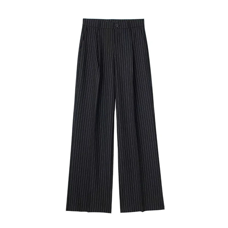 High-Waist Striped Wide-Leg Trousers – Women's Formal Office Wear, Casual Suit Pants in Grey & Black