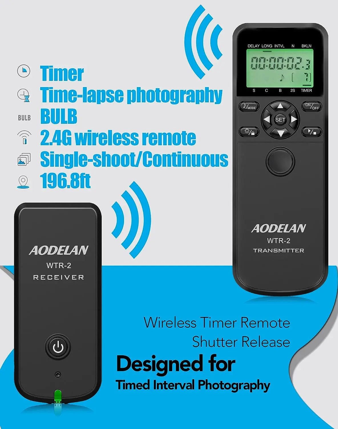 Wireless WTR-2 Camera Timer Shutter Release: Intervalometer Remote Control for Canon, Sony, Nikon - Bulb Mode, Timelapse, Continuous Shooting