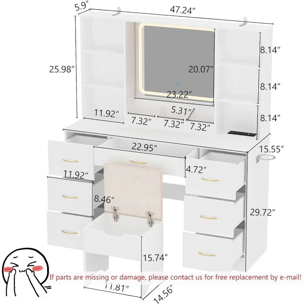 White LED Vanity Set with Stool and Power Outlet - Air Dresser Makeup Table for Bedroom