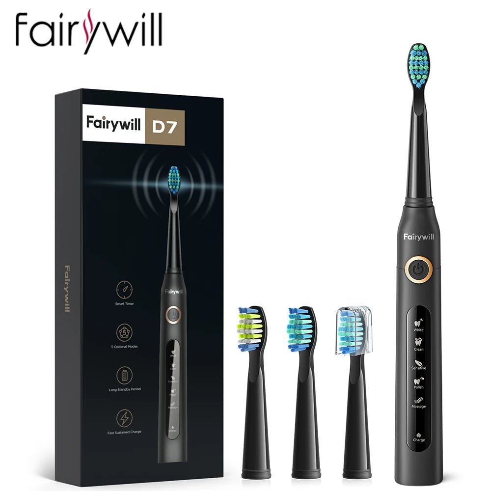 Fairywill FW-507 Sonic Electric Toothbrush: Ultra Sonic, 5 Modes, USB Charger, Waterproof IPX7 with 3 Brush Heads – Perfect Gift!