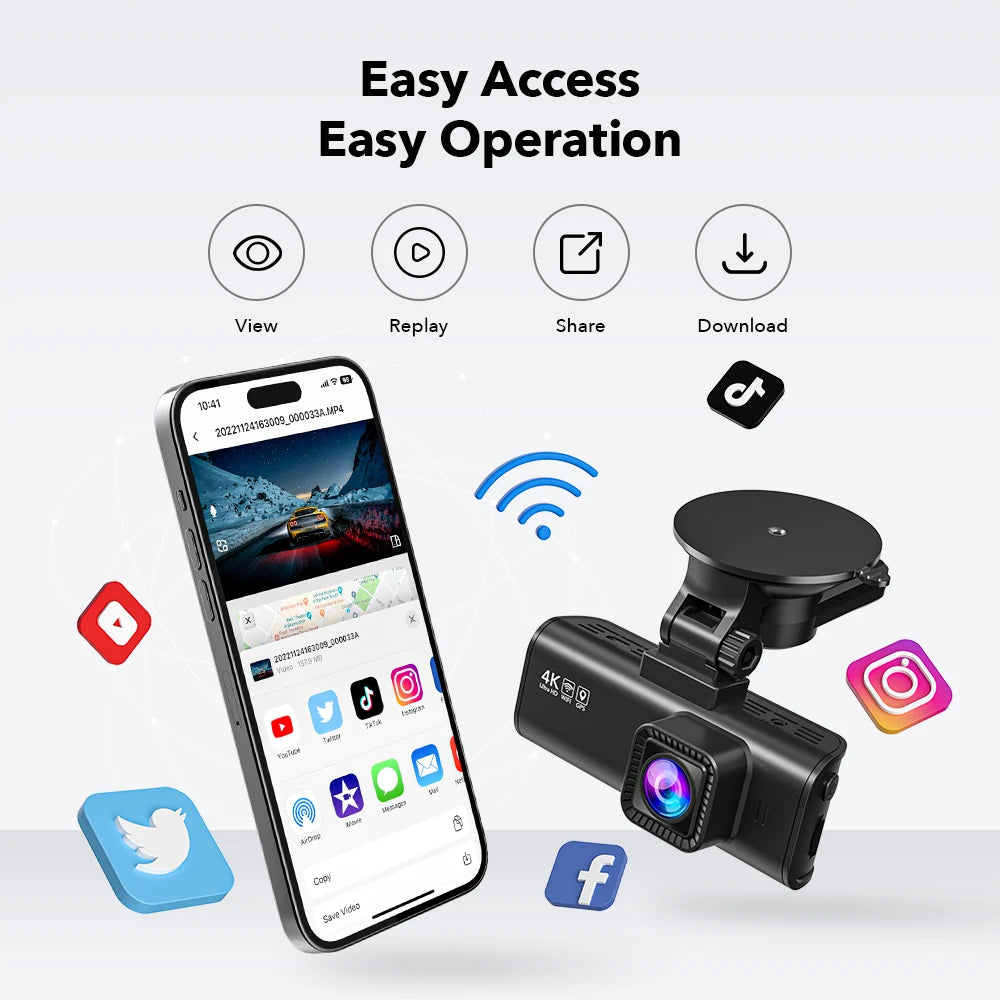 4K Dash Cam - 1080P HD Car DVR with GPS, Wi-Fi, Night Vision, and Android Compatibility"