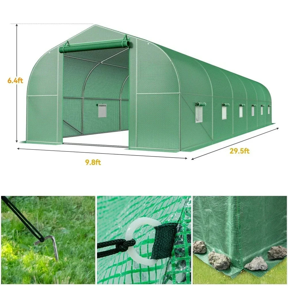 30x10 FT Walk-In Outdoor Greenhouse Tunnel – Portable Gardening House with Galvanized Steel Frame, Zipper Doors & 7 Crossbars