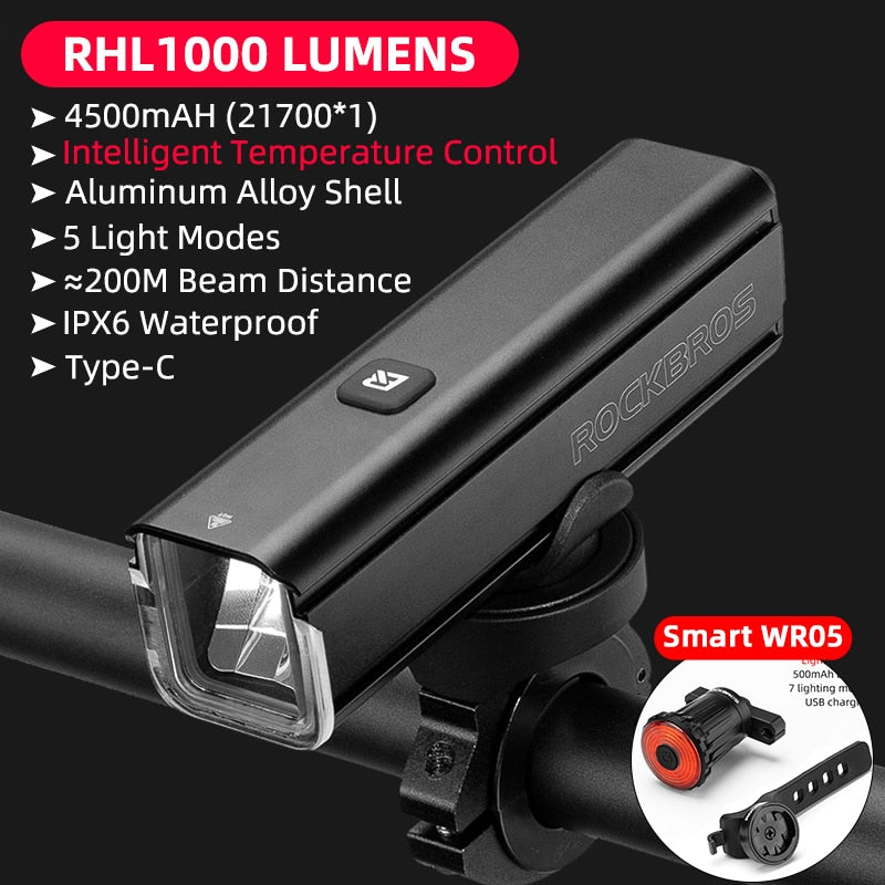 Illuminate Your Ride with ROCKBROS 1000LM Type-C Rechargeable Bicycle Front Light – Powerful LED, 4500mAh Battery, Waterproof Design