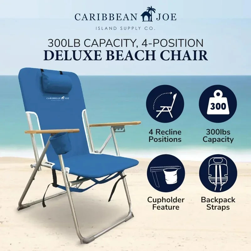 Folding Beach Chair – 4-Position Portable Backpack Camping Chair with Headrest, Cup Holder, and Wooden Armrests