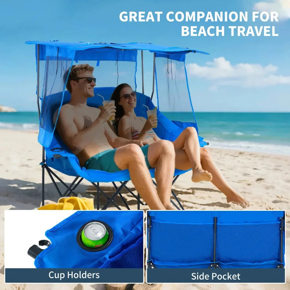 Oversized Double Camping Chair with Shade Canopy, 2 Person Folding Beach Chair with Cup Holder Carrying Bag, Heavy Duty Loveseat