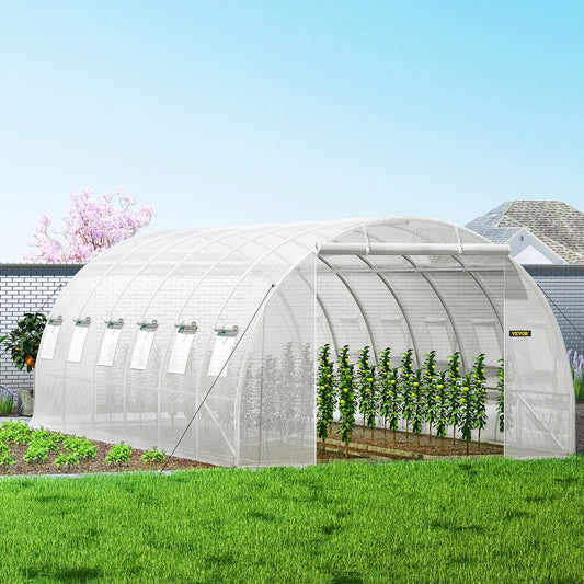 VEVOR 20x10x7 ft Walk-in Tunnel Greenhouse – Portable Design with 3 Top Beams, Diagonal Poles, 2 Zippered Doors, and 12 Roll-up Windows