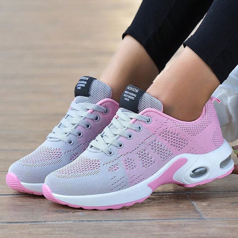 Women's Air Cushion Sneakers – Stylish Mesh Sports & Running Shoes | Non-Slip, Comfortable Walking & Training Shoes in Pink & Black