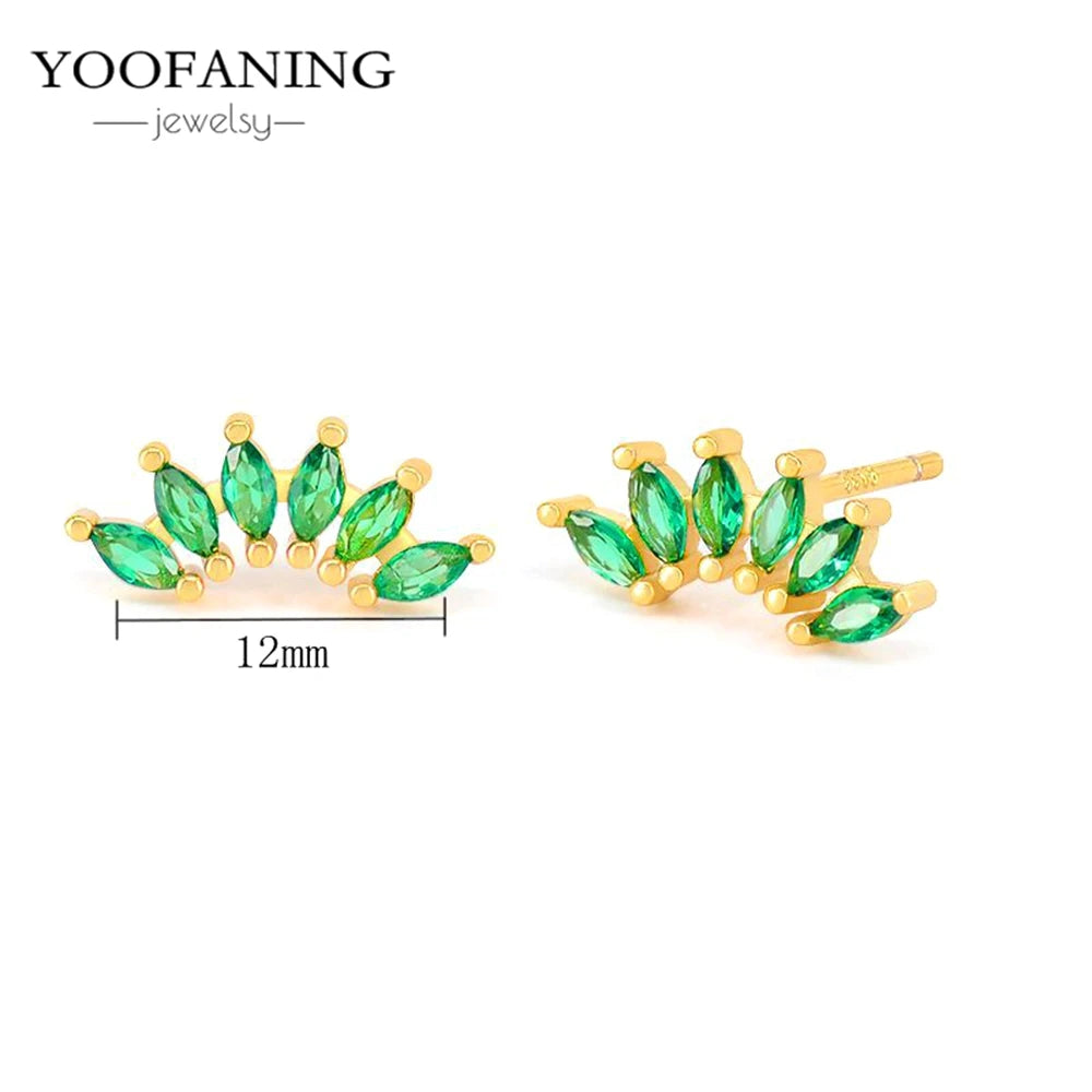 925 Sterling Silver Women's Earrings – Heart-Shaped Green Zircon Flower with Geometric Luxury Design