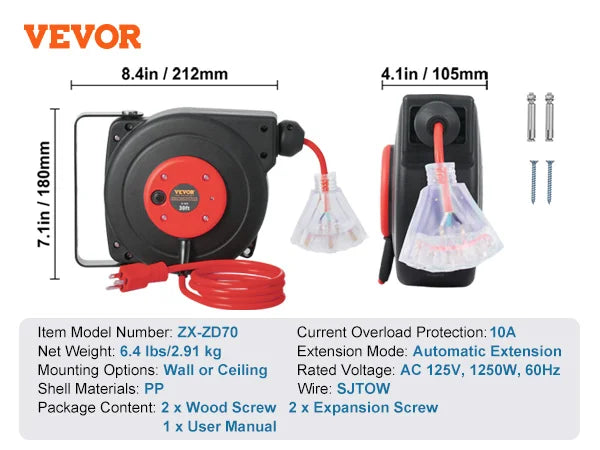 🔌 SucceBuy 30FT Retractable Extension Cord Reel
With Lighted Triple Tap Outlet | 10 Amp Circuit Breaker | 4.5FT Lead-In Cord