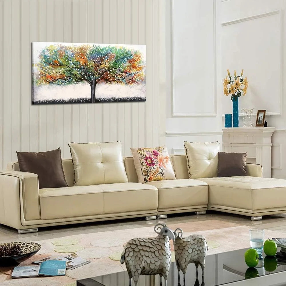 Large Abstract Canvas Wall Art – Colorful Trees Landscape Giclee Print, Framed Artwork for Living Room Decor