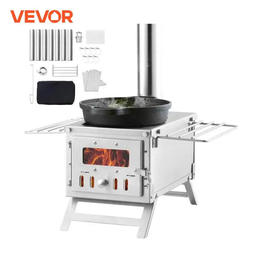 Portable Stainless Steel Wood Stove – Camping Tent Stove with Chimney Pipes, Gloves & 700in³ Firebox