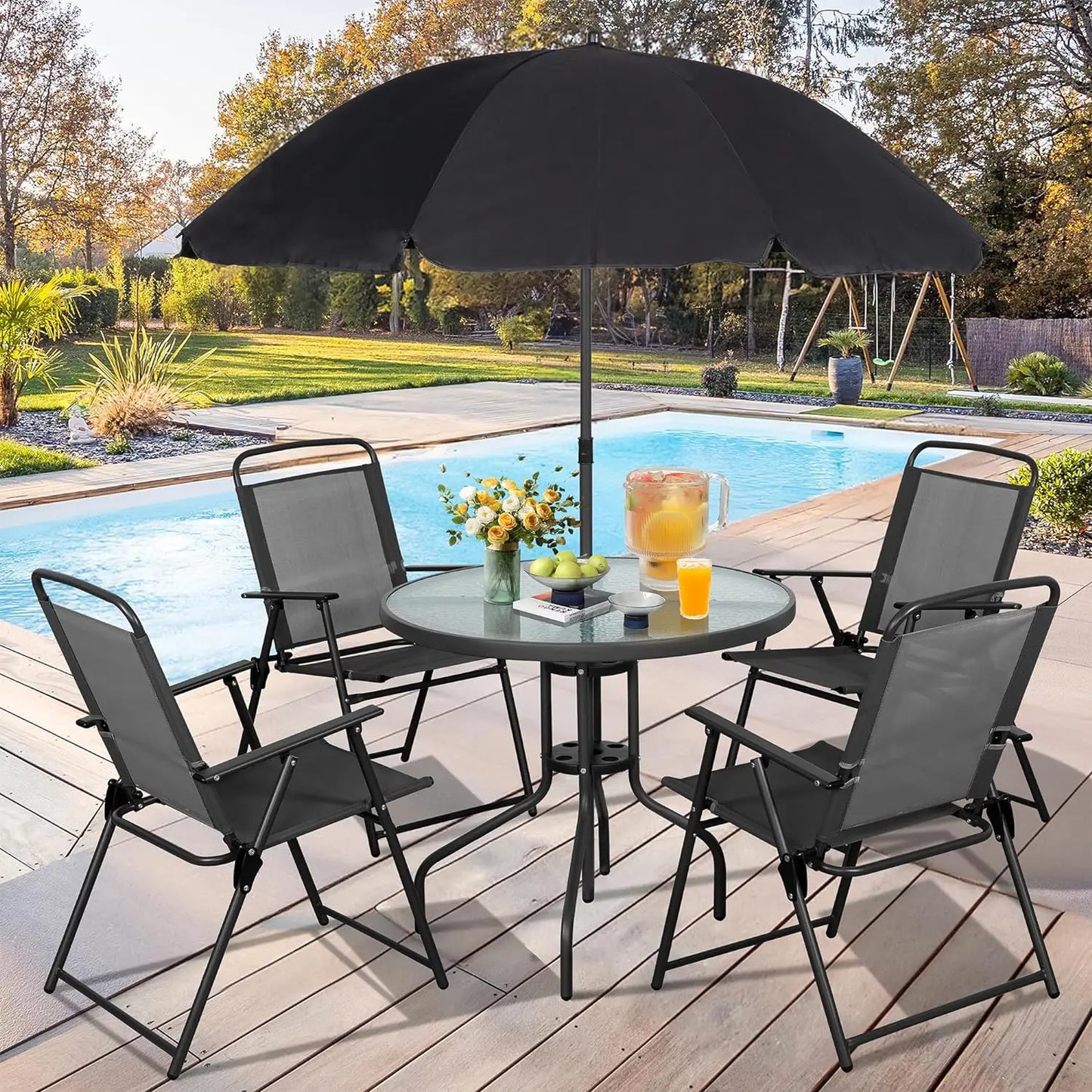 6-Piece Folding Patio Dining Set – Small Metal Outdoor Table and Chair Set with Umbrella for Lawn, Deck, and Backyard in Black