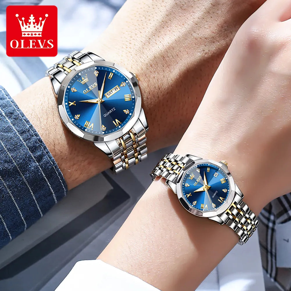 OLEVS Rhombus Mirror Couple Watches: Luxury Quartz, Waterproof, Luminous, Date & Week for Him and Her