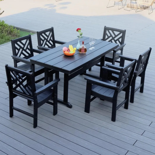 7-Piece Outdoor Dining Set – All-Weather HDPE Patio Table & Chairs with Wood Grain Finish and Umbrella Hole