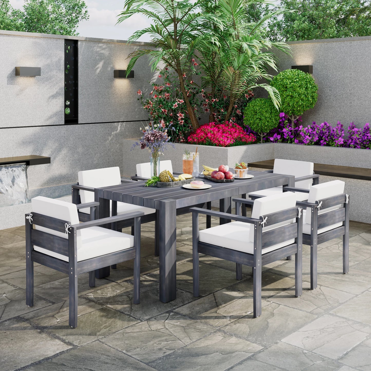 7-Piece Outdoor Dining Set – Solid Wood Patio Table with 6 Armchairs, 70.8” Rectangular Table for Garden or Backyard