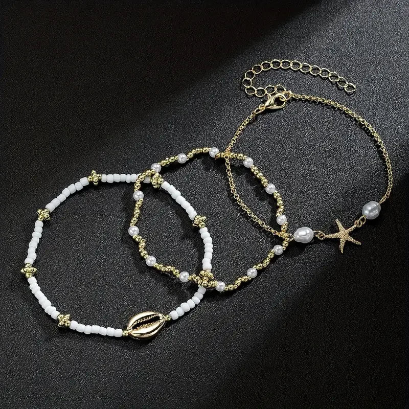 3-Piece Beach Anklet Set for Women – Vintage Gold Starfish & Shell Charms, Summer Boho Jewelry for Vacation & Daily Wear