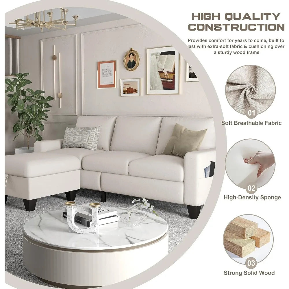 Modern Beige Linen 3-Seater L-Shaped Sofa with Reversible Footrest and Storage