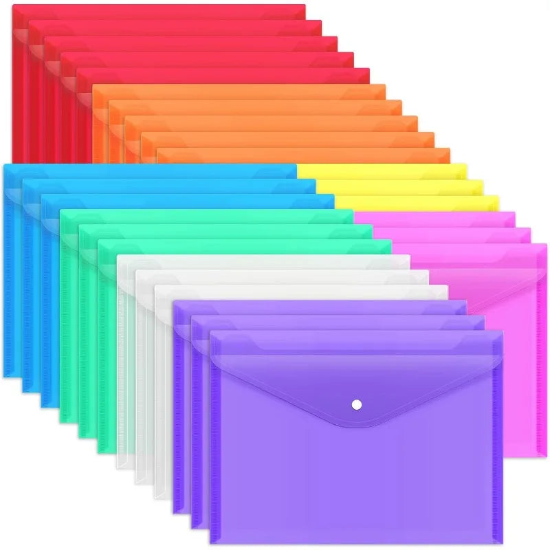 28pcs A4 Plastic Document Folders with Snap Closure - 8 Color Set for School and Office