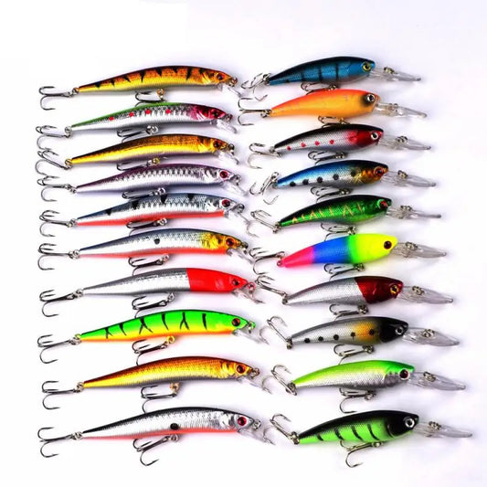 Complete Fishing Lure Tackle Kit: 20-Piece Set of Hard Bait Artificial Rotating Floating Minnow Crankbait, Wobblers, Spinners, and Sinking Hooks