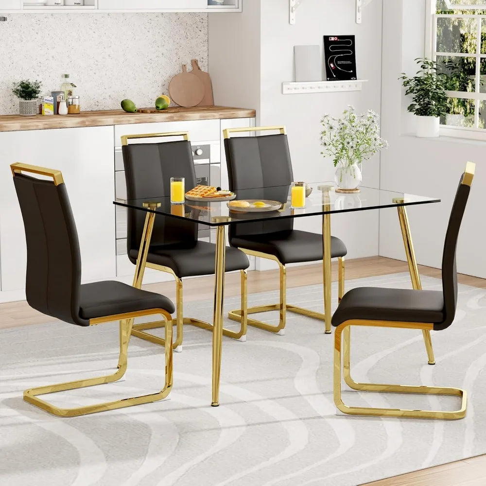 5-Piece Glass Dining Table Set for 4 – Modern Kitchen Dining Room Table with 4 Black PU Leather Chairs