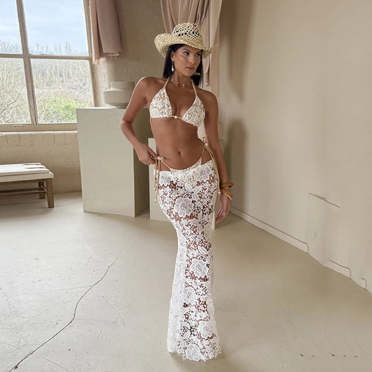 2025 Women’s 3-Piece White Lace Bikini Set – Sexy Swimsuit with Long Sarong Cover-Up