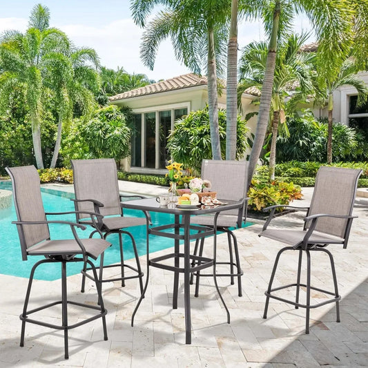 New 5-Piece Patio Swivel Bar Set – All-Weather Metal Textilene High Swivel Bar Stools (Set of 4) with Glass Bar Table