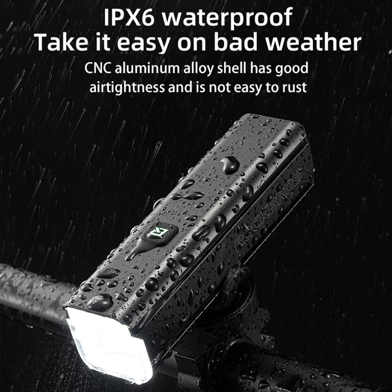 Illuminate Your Ride with ROCKBROS 1000LM Type-C Rechargeable Bicycle Front Light – Powerful LED, 4500mAh Battery, Waterproof Design