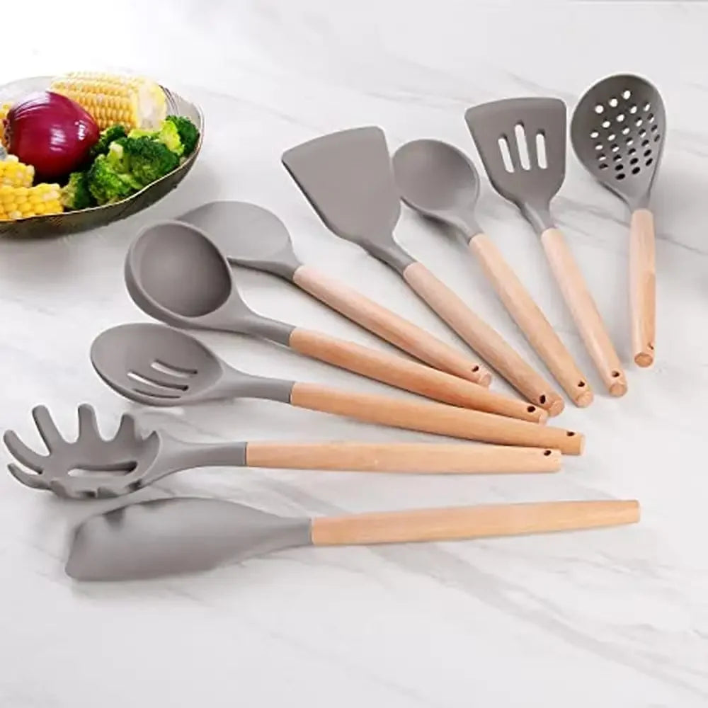 13-Piece Silicone Cooking Utensils Set with Wood Handles - Heat Resistant, Non-Stick, and BPA-Free Kitchen Essentials!