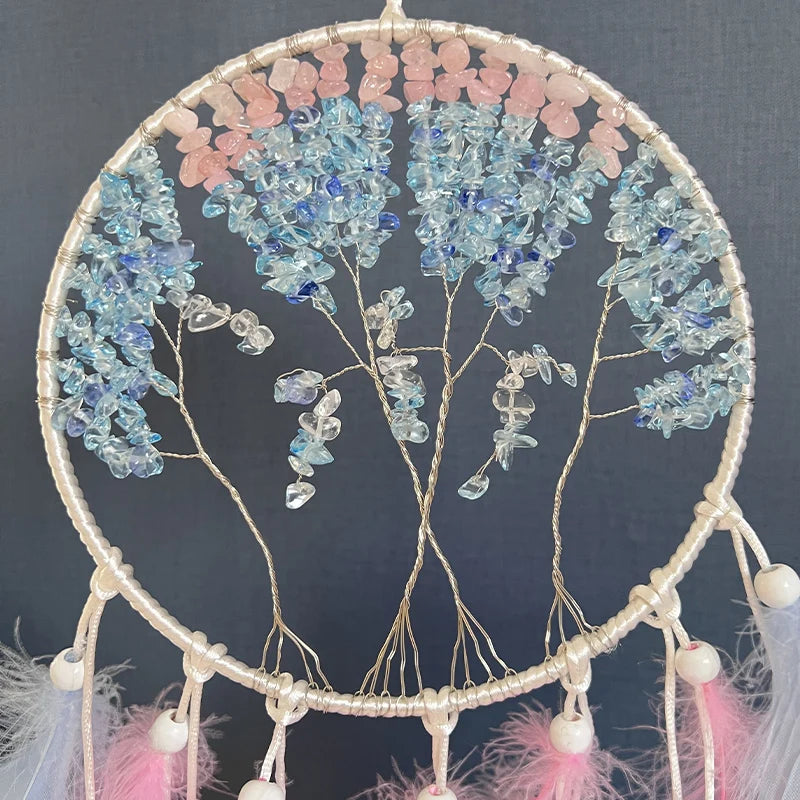 Tree of Life Crystal Dream Catcher – Blue Feathers, Wind Chime Bedroom Hanging Ornament, Perfect for Home Decor and Festival or Birthday Gifts