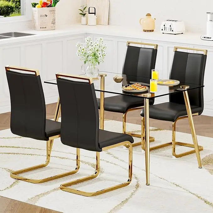 5-Piece Glass Dining Table Set for 4 – Modern Kitchen Dining Room Table with 4 Black PU Leather Chairs