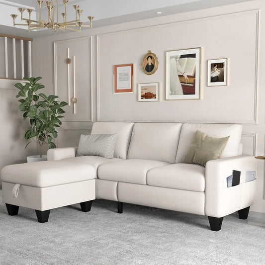 Modern Beige Linen 3-Seater L-Shaped Sofa with Reversible Footrest and Storage