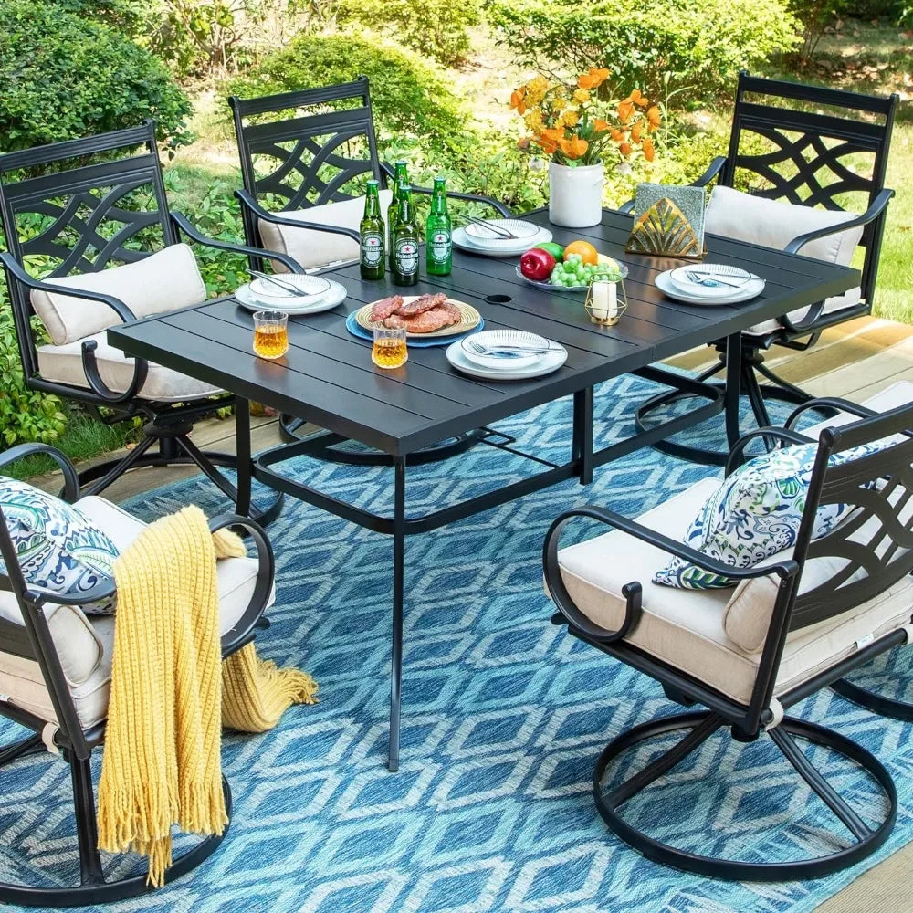 Rectangular Metal Outdoor Dining Table for 6 - Black Weather-Resistant Steel Slatted Patio Table