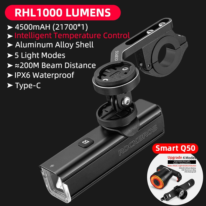 Illuminate Your Ride with ROCKBROS 1000LM Type-C Rechargeable Bicycle Front Light – Powerful LED, 4500mAh Battery, Waterproof Design