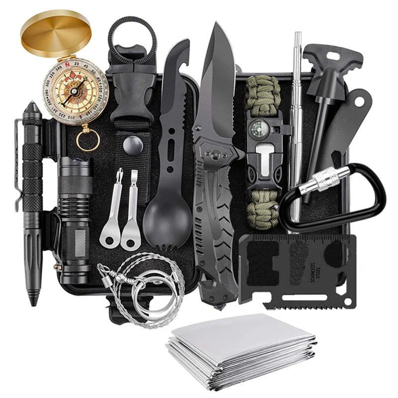 All-in-One Survival Gear Kit: Fire Starter, Whistle, Wood Cutter, and More for Hiking & Camping