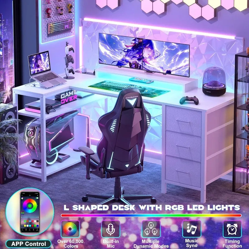 53" L-Shaped Gaming Desk – Reversible Computer Desk with LED Lights, Power Outlets, Monitor Stand & 3 Drawers