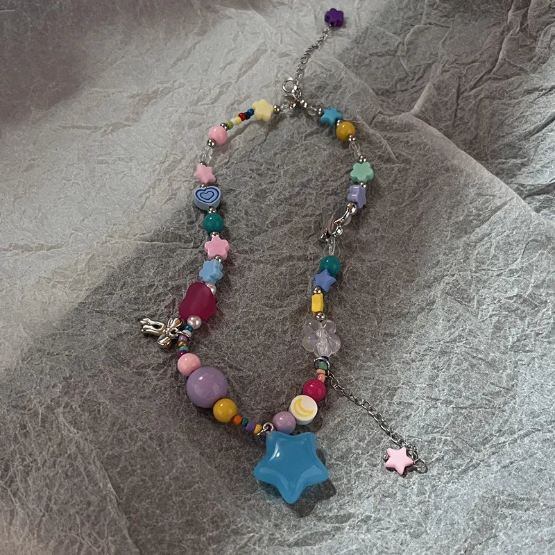 Boho Y2K Star & Heart Tassel Choker – Colorful Kpop-Inspired Pendant Necklace for Women