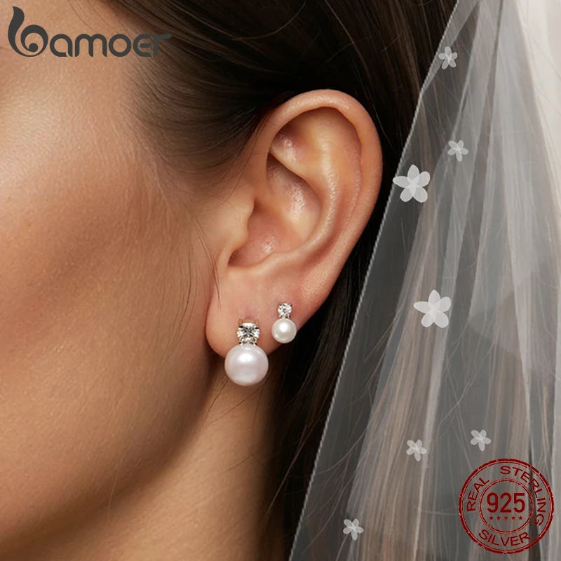 Elegant Moissanite & Freshwater Pearl Stud Earrings in 925 Sterling Silver
