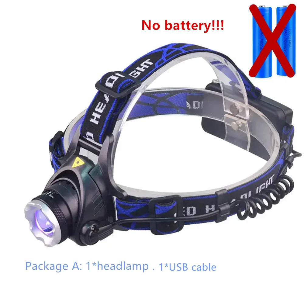 Powerful Dual Light Headlamp: XPE White & 395nm LED UV, Rechargeable, Zoomable, 4 Modes, Waterproof – Ultimate Headlight for Any Adventure